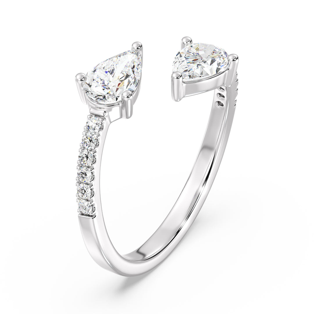 Pear cut lab grown diamond dual stone open cuff ring in 18K white gold showcasing two SGL certified pear diamonds in a modern open design.