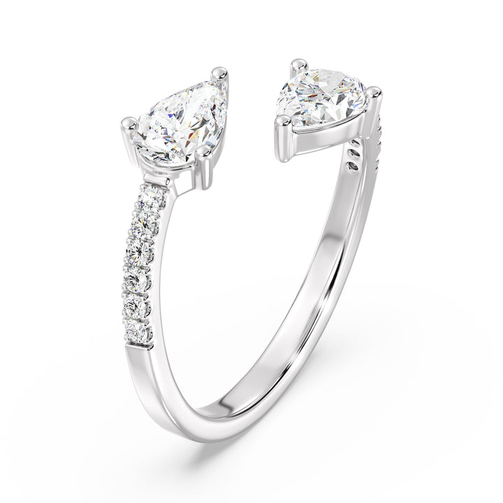 Pear cut lab grown diamond dual stone open cuff ring in 18K white gold showcasing two SGL certified pear diamonds in a modern open design.