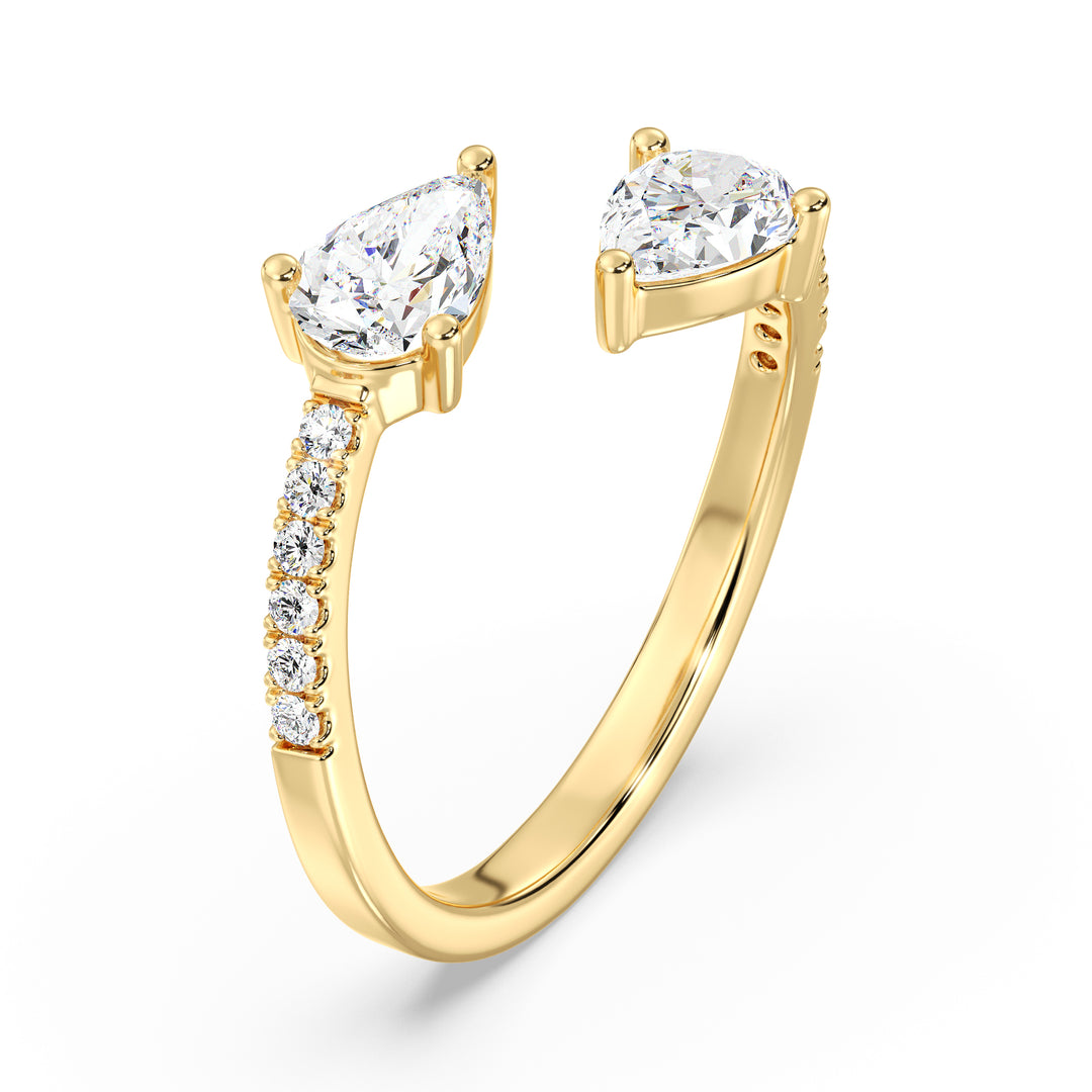 Pear cut lab grown diamond dual stone open cuff ring in 18K yellow gold featuring two SGL certified diamonds totaling 1.00 ct.