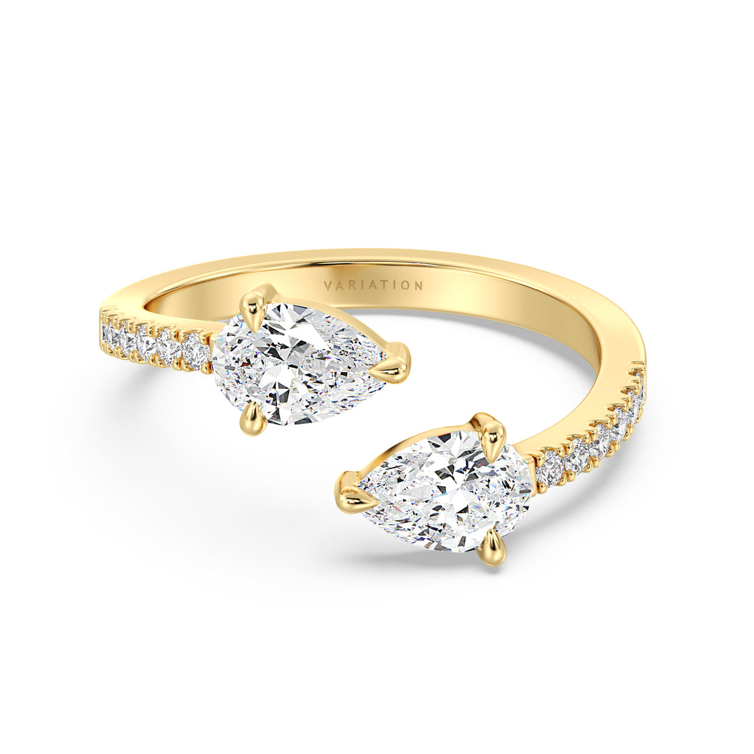 Pear Cut Lab Grown Diamond Dual Stone Open Cuff Ring in 18K Yellow Gold