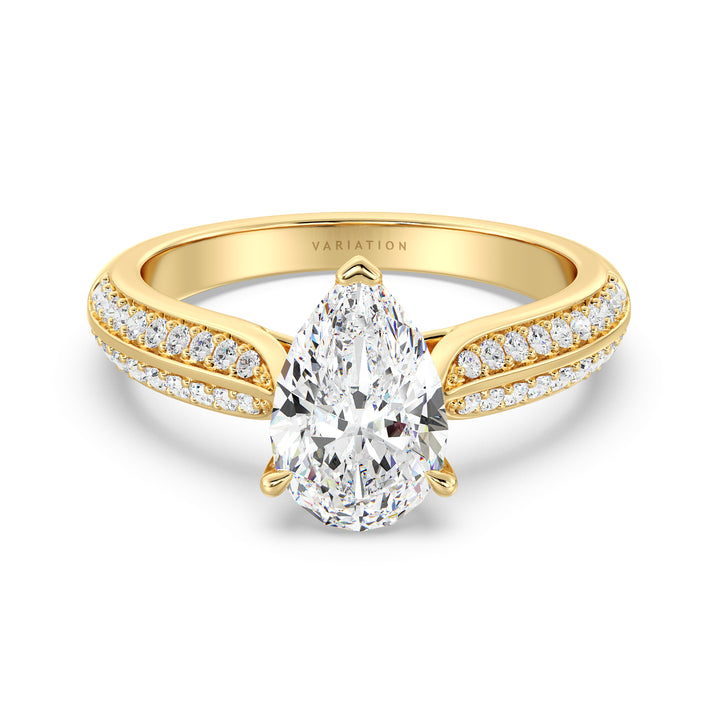 Pear Cut Lab Grown Diamond Halo Engagement Ring with Pavé Band in 18K Yellow Gold