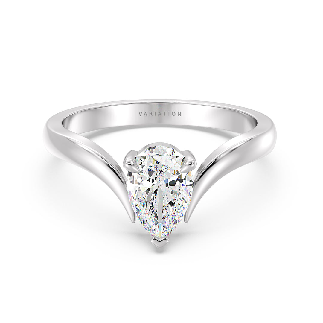 Pear Cut Lab Grown Diamond Solitaire Ring with Curved V Band in 18K White Gold