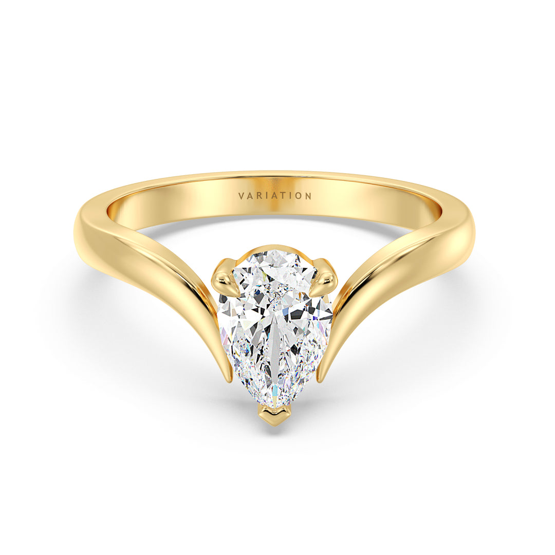 Pear Cut Lab Grown Diamond Solitaire Ring with Curved V Band in 18K Yellow Gold
