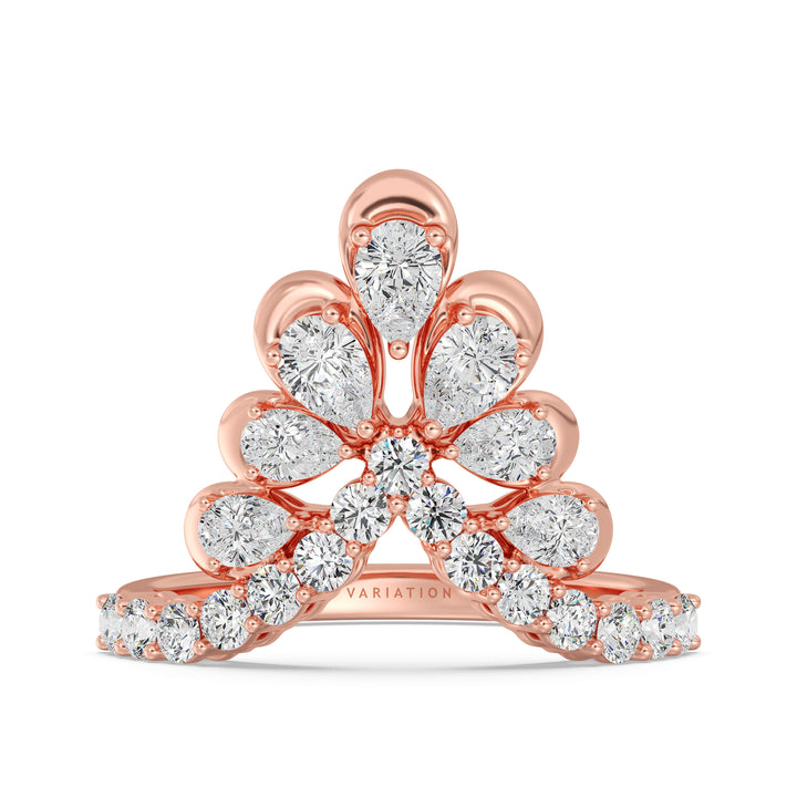 Pear and Round Cut Lab Grown Diamond Crown Cocktail Ring in 18K Rose Gold