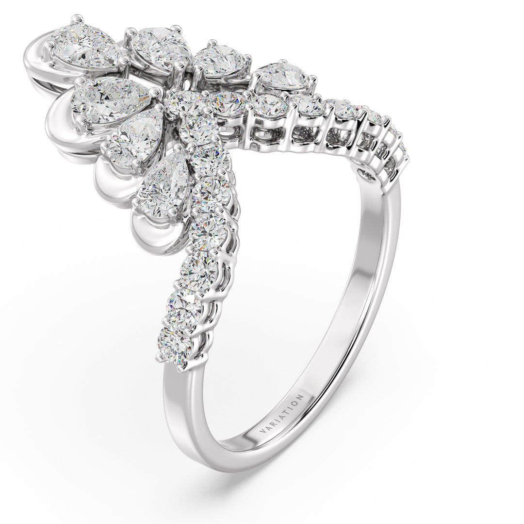 Pear and Round Cut Lab Grown Diamond Crown Cocktail Ring in 18K White Gold
