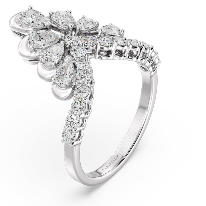 Pear and Round Cut Lab Grown Diamond Crown Cocktail Ring in 18K White Gold