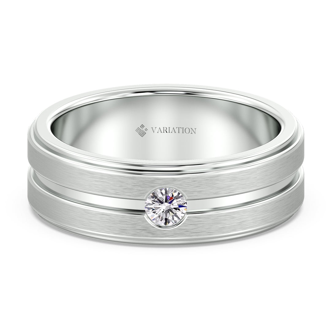 Platinum Signet Ring with Flush Set Round Cut Diamond and Double Groove Band