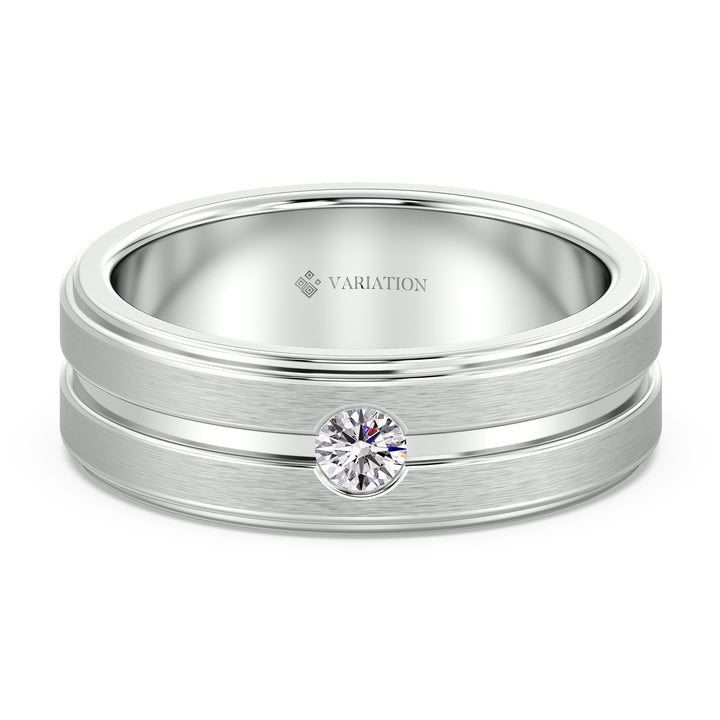 Platinum Signet Ring with Flush Set Round Cut Diamond and Double Groove Band