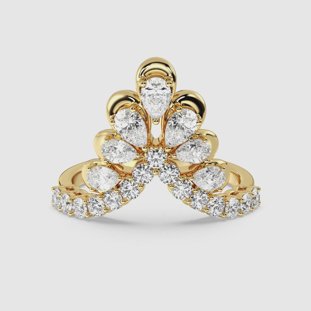 360° view of the 18K Yellow Gold Blooming Floret Cather Ring adorned with lab-grown diamonds. Showcasing 7 pear-cut and 15 round-cut diamonds, totaling 1.45 carats, set in a stunning floral design