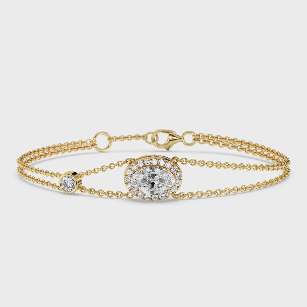 Oval Cut Lab Grown Diamond Double Chain Halo Bracelet Video in 18K Gold