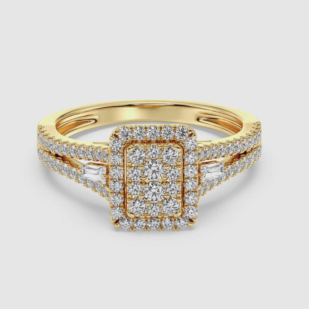 Bague de fiançailles halo à tige fendue en or 18 carats avec diamants de laboratoire de 0,68 ct