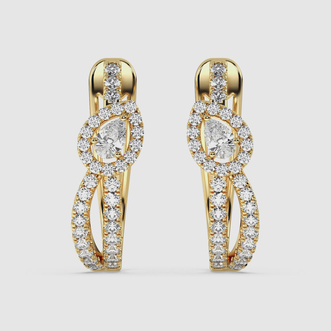 Video showcasing 18K Yellow Gold Twisted Hoop Earrings with Pear-Shaped Lab-Grown Diamonds, highlighting the sparkling round and pear-cut diamonds in an elegant twisted design from various angles