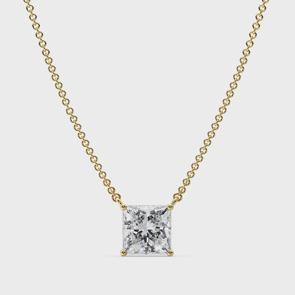 Video showcasing the 2.00 Carat Princess Cut Solitaire Lab-Grown Diamond Pendant Necklace in 18K Yellow Gold, featuring an IGI Certified E/VS Diamond in a prong setting