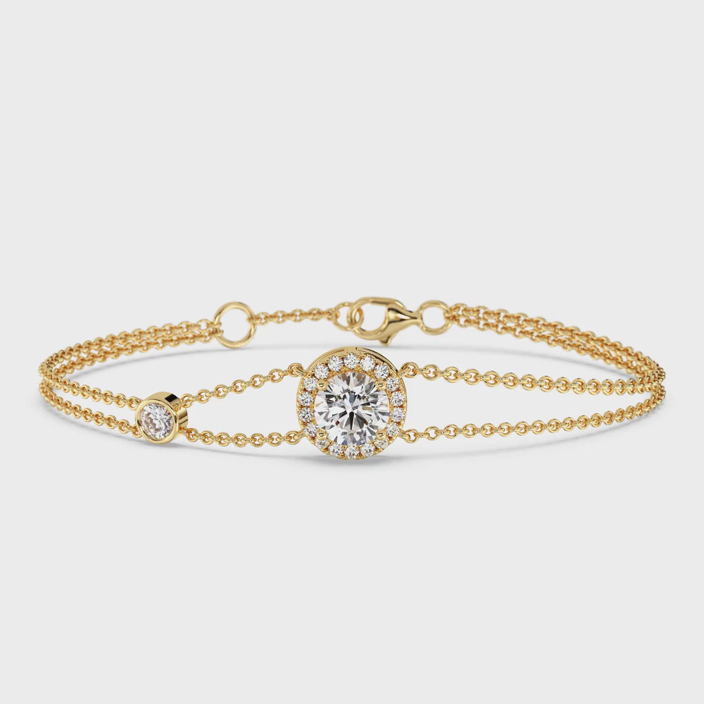 Round Lab Grown Diamond Double Chain Halo Bracelet Video in 18K Gold