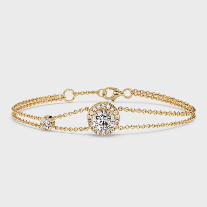 HALO-SET Round Lab Grown Grown Double Chain Bracelet dalam 18k Solid Gold