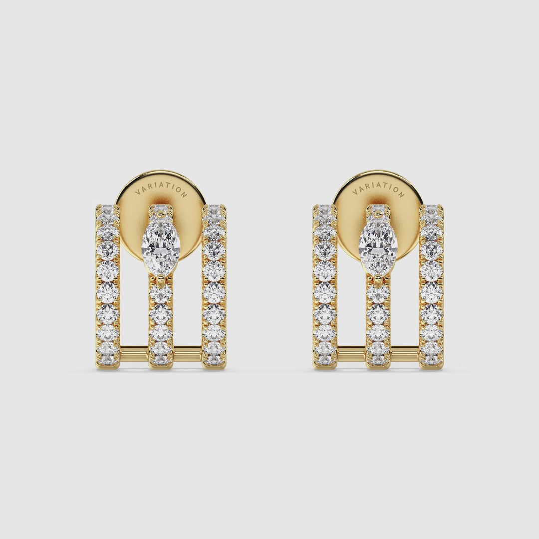 Video showcasing the Elegant 3-Line Half Hoop Earrings in 18KT Yellow Gold with Lab-Grown Diamonds, featuring a close-up view of the sparkling round and marquise-cut stones totaling 0.68 carats, highlighting their brilliance and timeless design from multiple angles