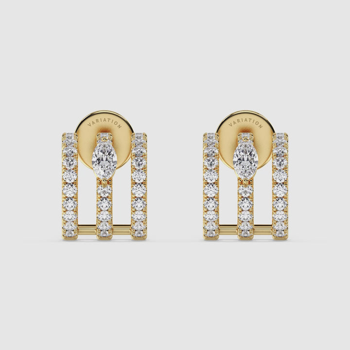 Video showcasing the Elegant 3-Line Half Hoop Earrings in 18KT Yellow Gold with Lab-Grown Diamonds, featuring a close-up view of the sparkling round and marquise-cut stones totaling 0.68 carats, highlighting their brilliance and timeless design from multiple angles