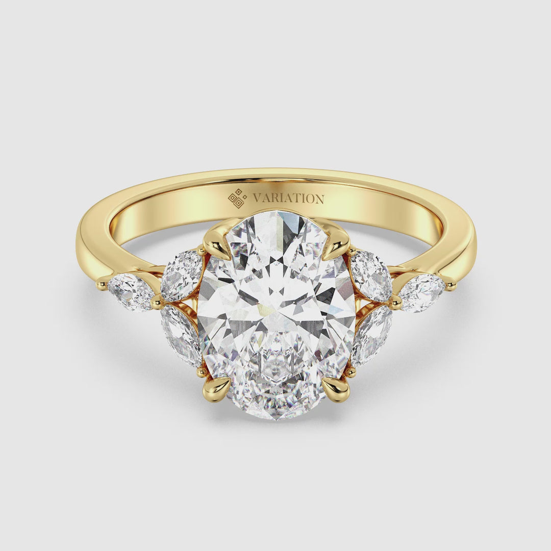 Oval Cut Lab Grown Diamond Three Stone Ring with Marquise Side Accents Video