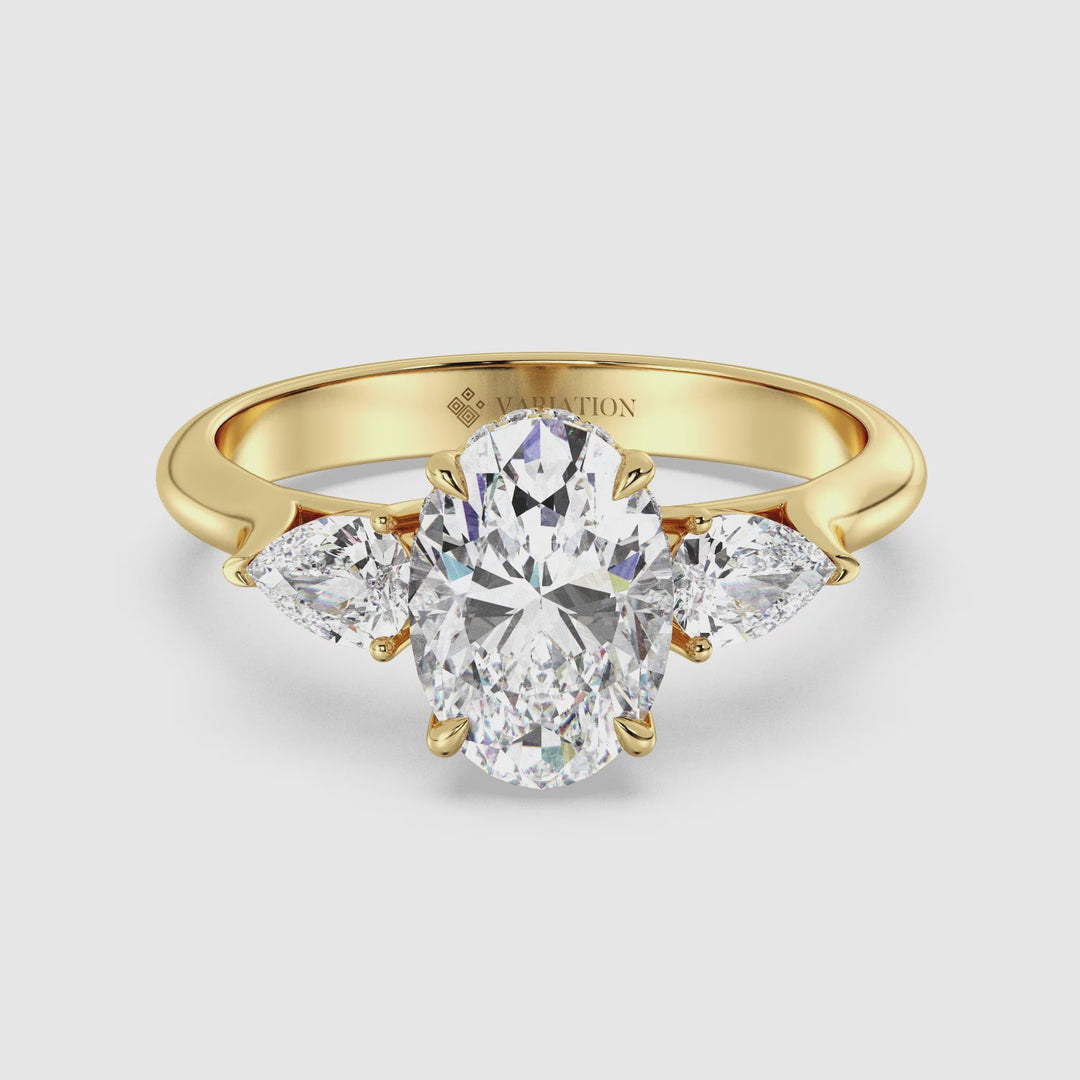 Oval Cut Lab Grown Diamond Three Stone Ring with Pear Side Diamonds Video