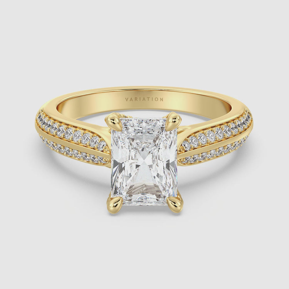 Radiant Cut Lab Grown Diamond Halo Engagement Ring with Pavé Band Video