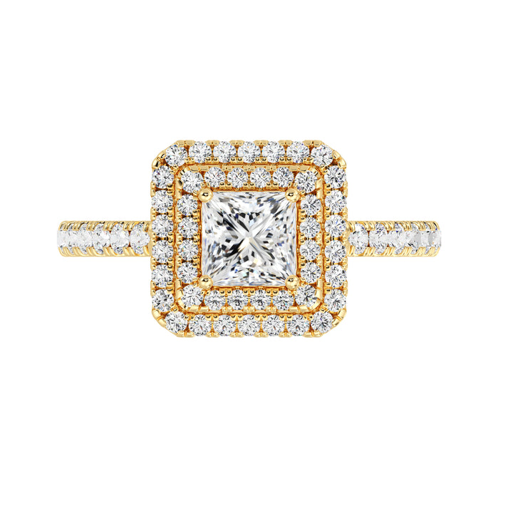 Princess Cut Halo Engagement Ring with Pavé Diamonds in 18K Yellow Gold