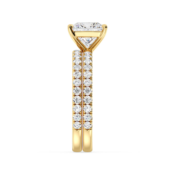 Princess Cut Lab Grown Diamond Bridal Ring Set with Pavé Accents in Yellow Gold