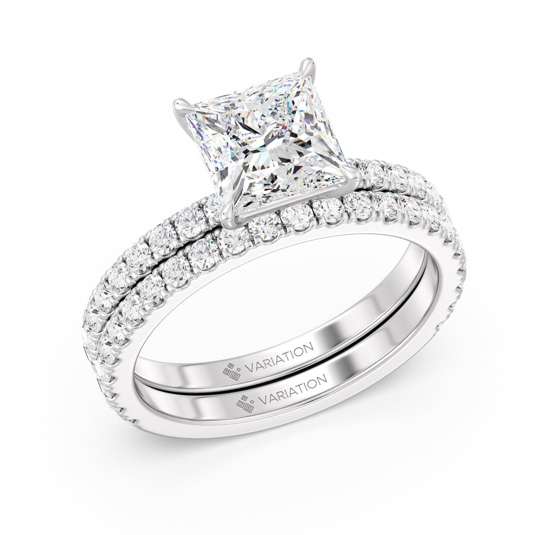 Princess Cut Lab Grown Diamond Bridal Set with Matching Wedding Band in 18K White Gold