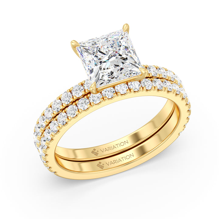 Princess Cut Lab Grown Diamond Bridal Set with Matching Wedding Band in 18K Yellow Gold