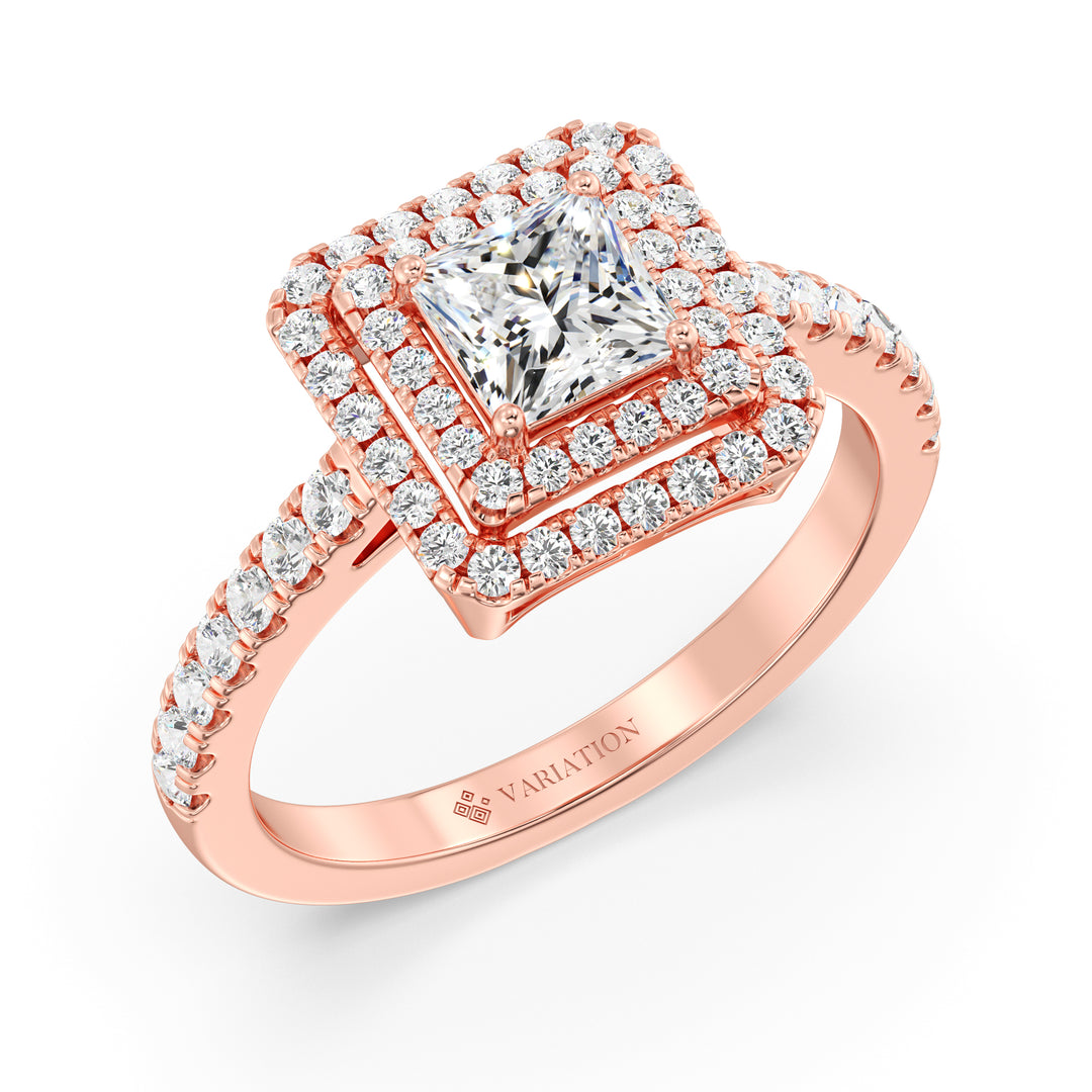 Princess Cut Lab Grown Diamond Double Halo Engagement Ring in 18K Rose Gold
