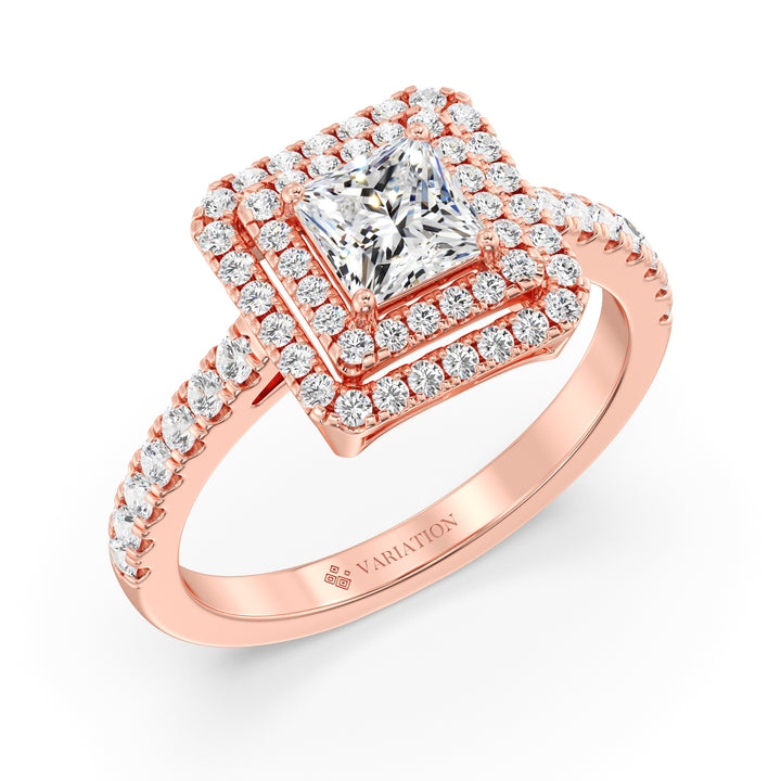 Princess Cut Lab Grown Diamond Double Halo Engagement Ring in 18K Rose Gold