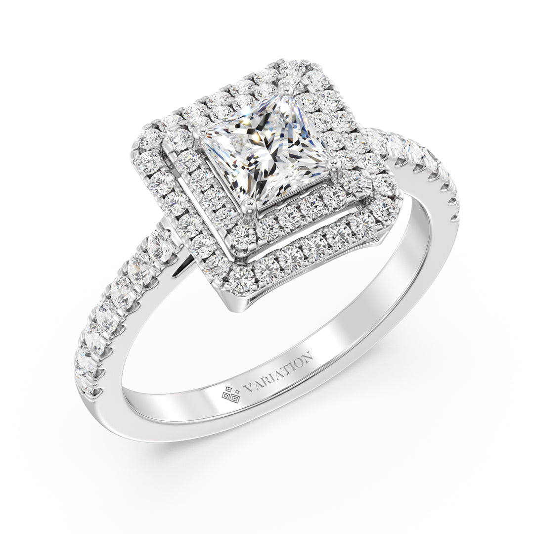 Princess Cut Lab Grown Diamond Double Halo Engagement Ring in 18K White Gold