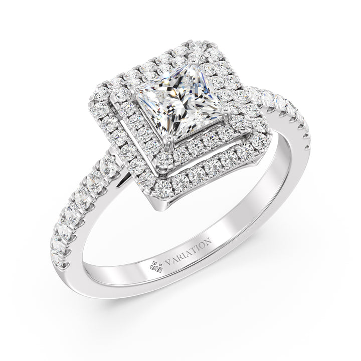 Princess Cut Lab Grown Diamond Double Halo Engagement Ring in 18K White Gold