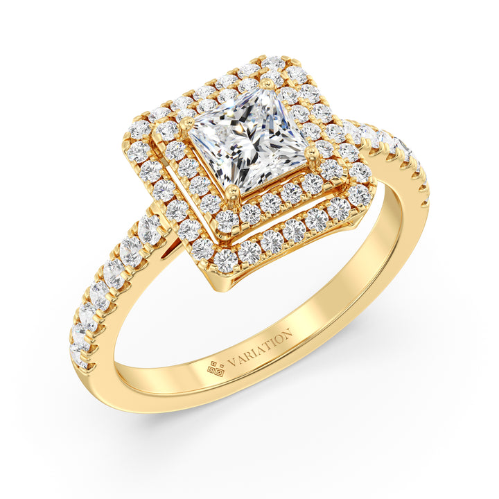 Princess Cut Lab Grown Diamond Double Halo Engagement Ring in 18K Yellow Gold