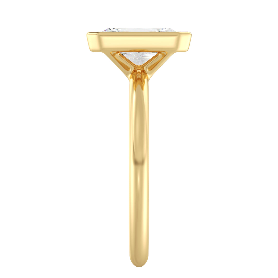 Radiant cut lab grown diamond ring in 18K yellow gold showcasing exceptional brilliance, trimmed corners, and a secure bezel setting.