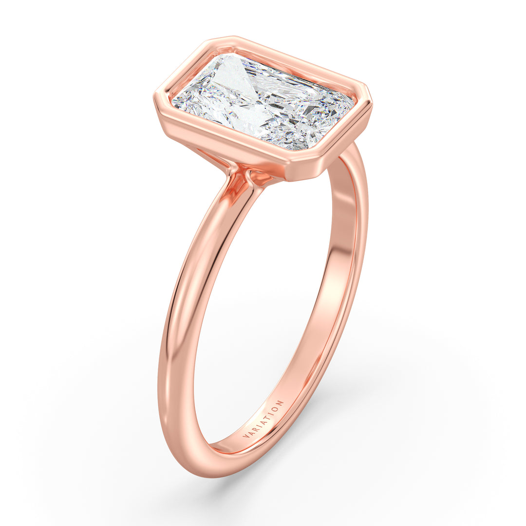 Radiant cut lab grown diamond bezel solitaire ring in 18K rose gold featuring an IGI certified diamond with a protective bezel setting and modern elegance.
