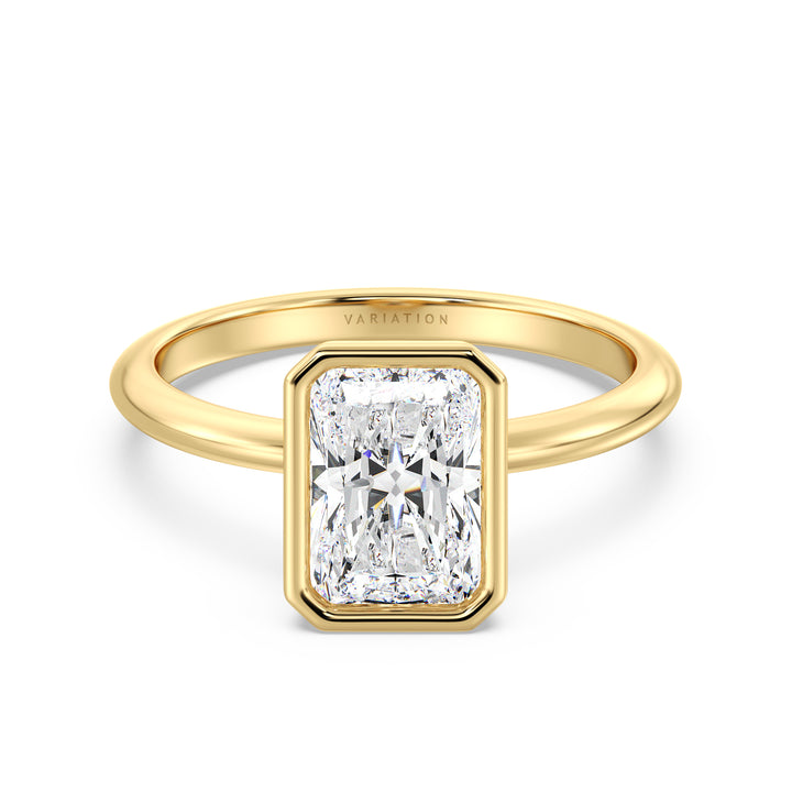 Radiant cut lab grown diamond bezel solitaire ring in 18K yellow gold featuring an IGI certified diamond with a modern bezel setting.