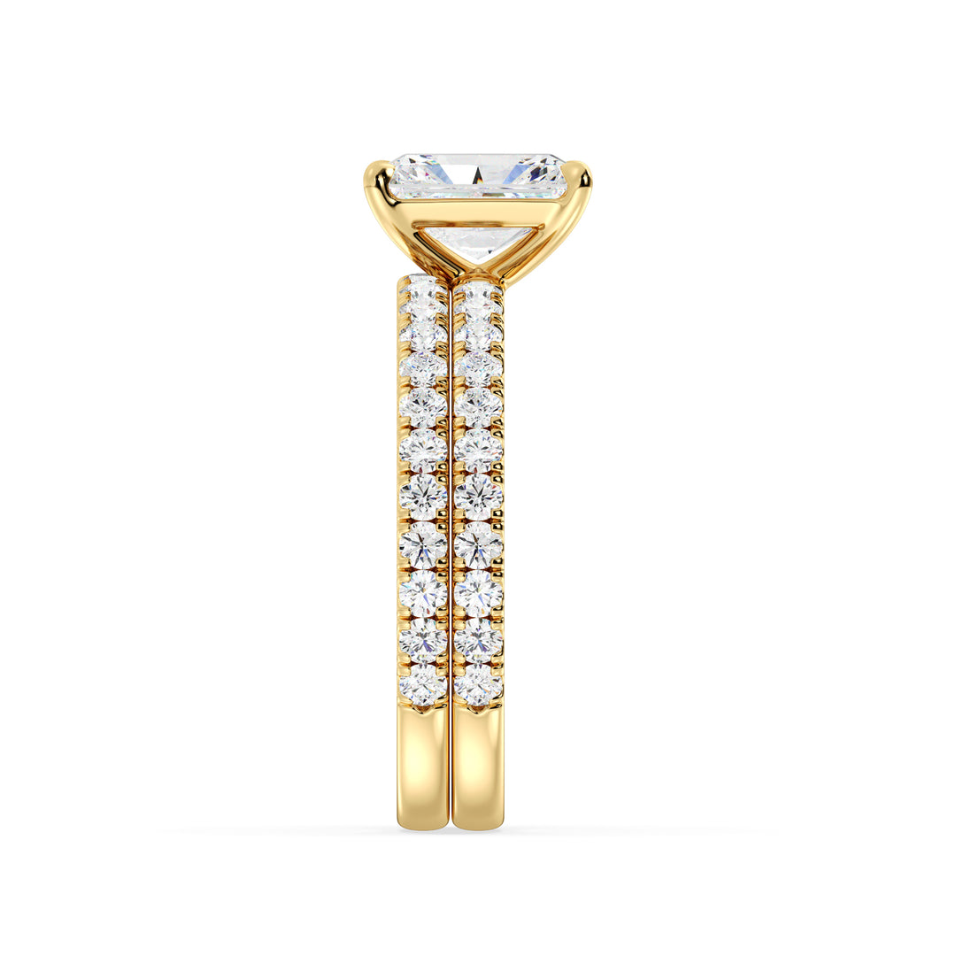 Radiant Cut Lab Grown Diamond Bridal Ring Set with Pavé Accents in Yellow Gold