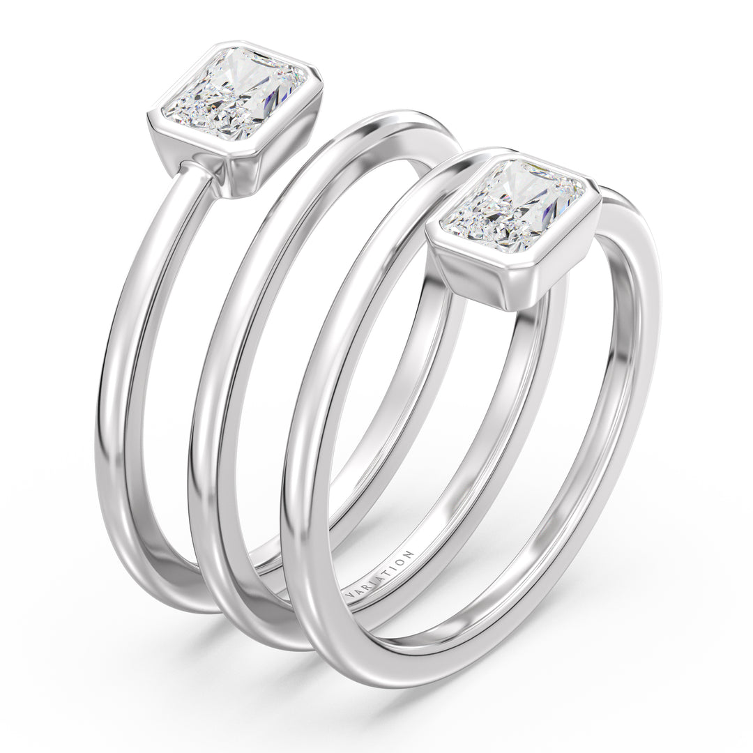 Radiant Cut Lab Grown Diamond Dual Bezel Spiral Ring in 18K White Gold