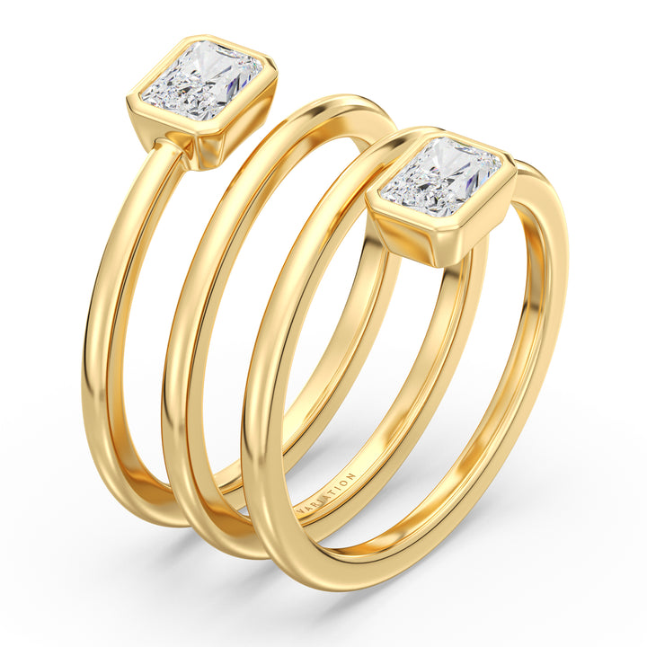 Radiant Cut Lab Grown Diamond Dual Bezel Spiral Ring in 18K Yellow Gold