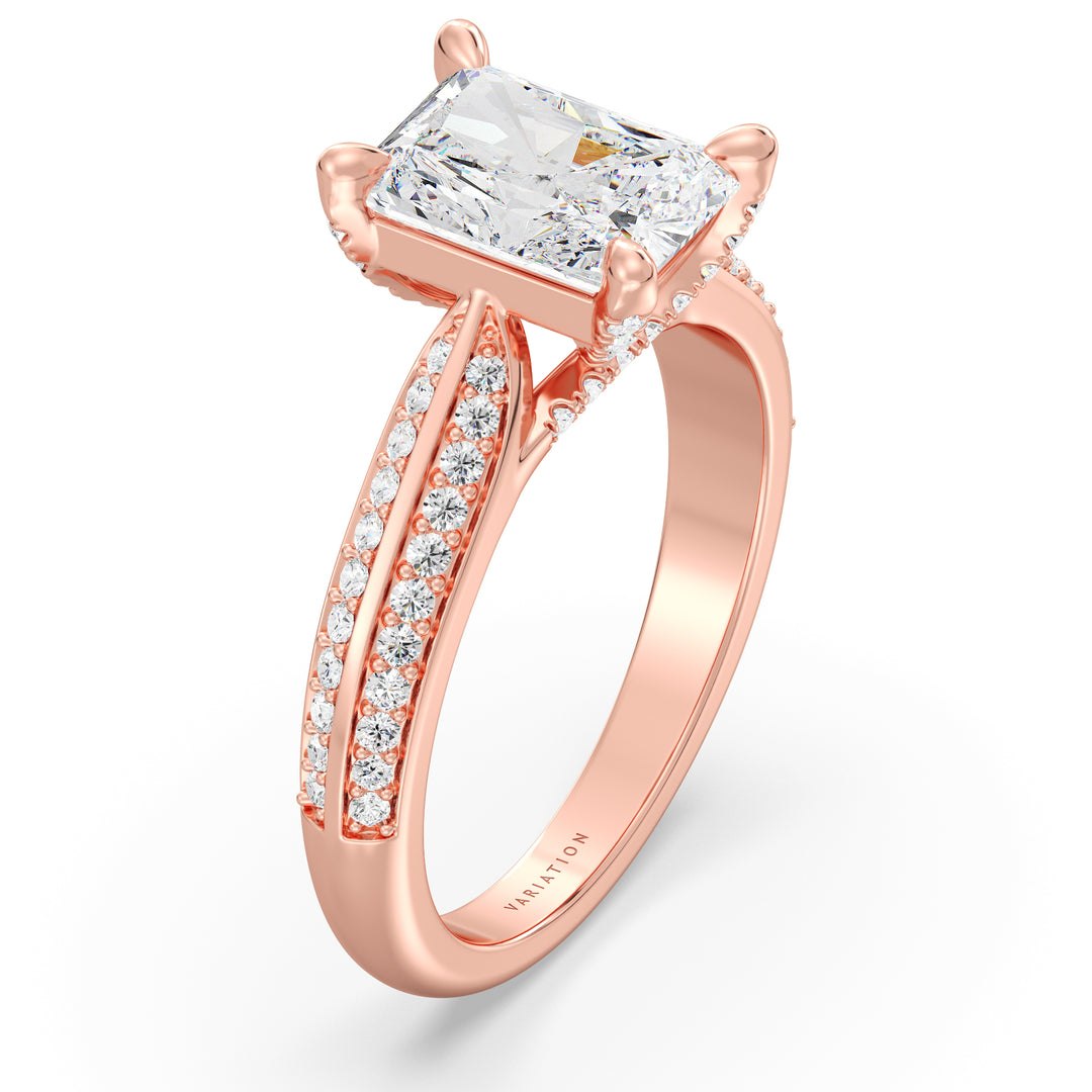 Radiant Cut Lab Grown Diamond Halo Engagement Ring with Pavé Band in 18K Rose Gold