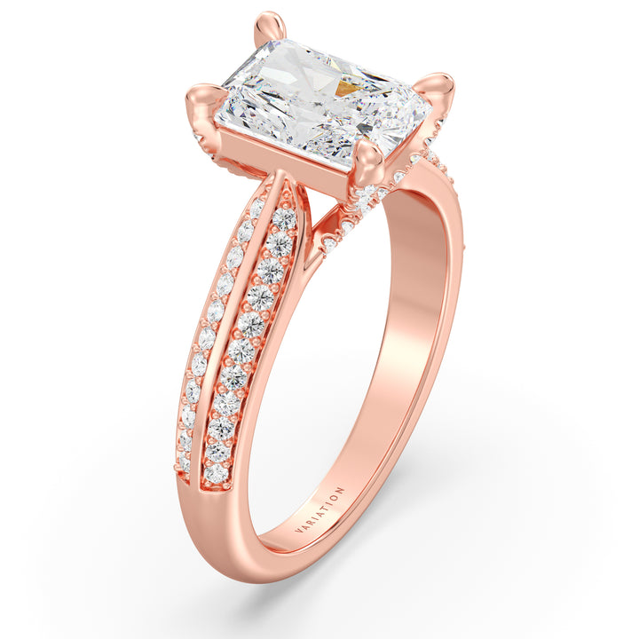 Radiant Cut Lab Grown Diamond Halo Engagement Ring with Pavé Band in 18K Rose Gold