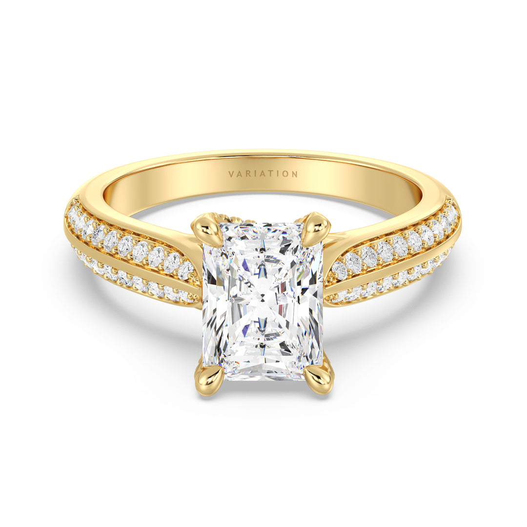 Radiant Cut Lab Grown Diamond Halo Engagement Ring with Pavé Band in 18K Yellow Gold