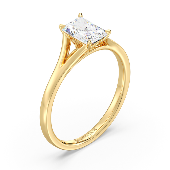 Radiant Cut Lab Grown Diamond Split Shank Solitaire Ring in 18K Yellow Gold