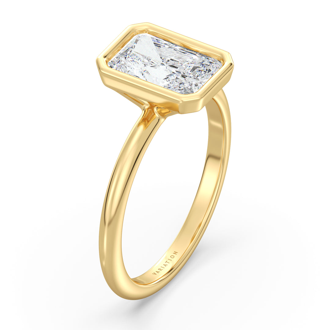 IGI certified radiant cut lab grown diamond bezel solitaire ring in BIS hallmarked 18K yellow gold.