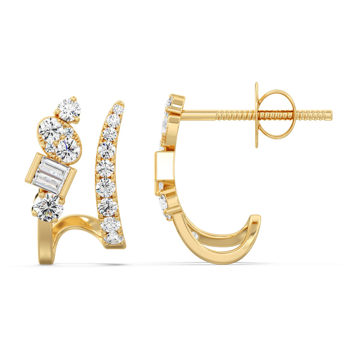 Round and Baguette Cut Lab Grown Diamond Hoop Earrings in 18K Yellow Gold