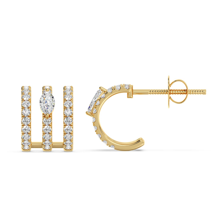 Round and Marquise Cut Lab Grown Diamond Triple Row Hoop Earrings in 18K Yellow Gold