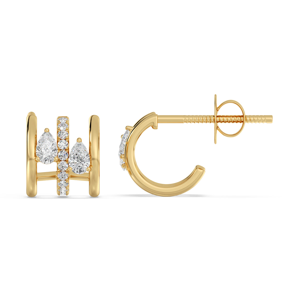 Round and Pear Cut Lab Grown Diamond Triple Huggie Earrings in 18K Yellow Gold