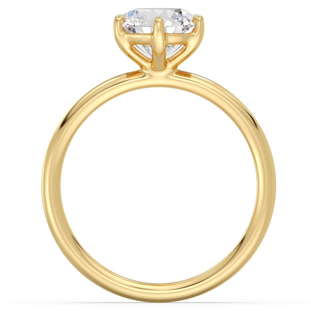 Round brilliant cut lab grown diamond ring in 18K yellow gold showcasing maximum brilliance and a secure 6-prong setting.