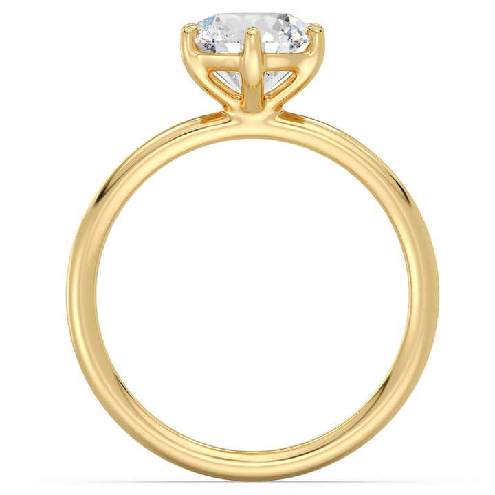 Round brilliant cut lab grown diamond ring in 18K yellow gold showcasing maximum brilliance and a secure 6-prong setting.