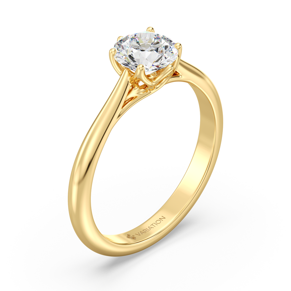Runder, im Labor gewachsener Diamant im Brillantschliff mit 6 Krappen-Solitärring aus 18 Karat Gelbgold